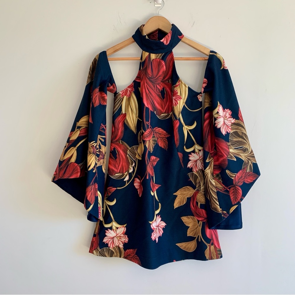 C/MEO Collective Fusion LS High Halter Neck Wide Sleeve Floral Dress Navy